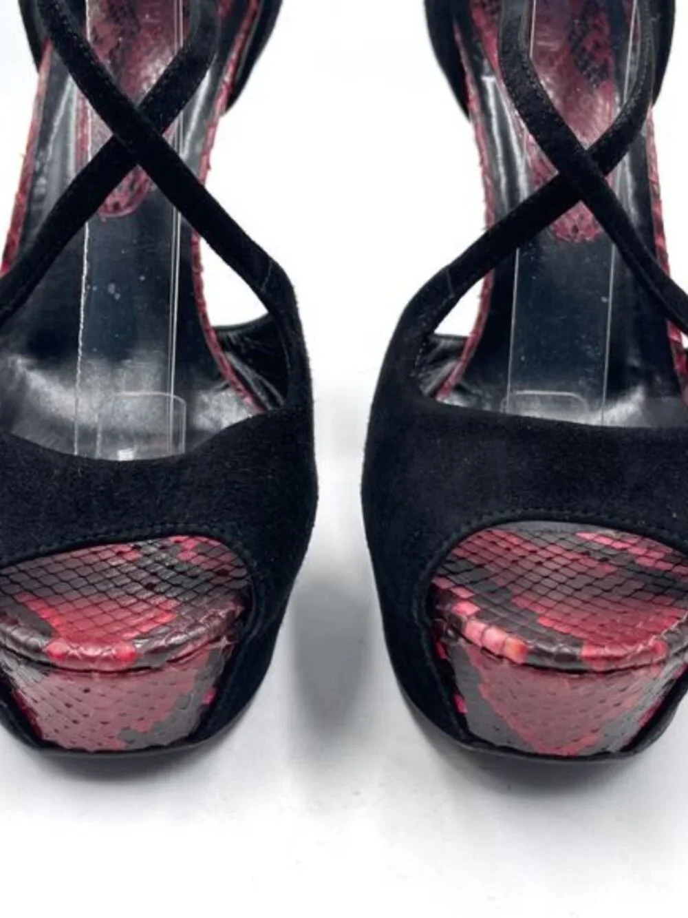 Epic Gucci black suede with red and pink Python Snakeskin platform heels  size 3